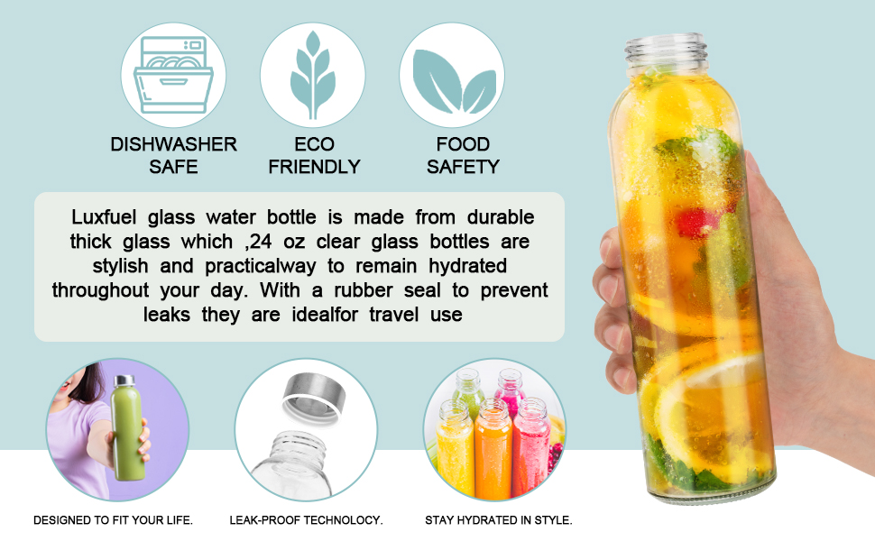 Luxfuel 24 oz Clear Glass Bottles with Lids, Reusable