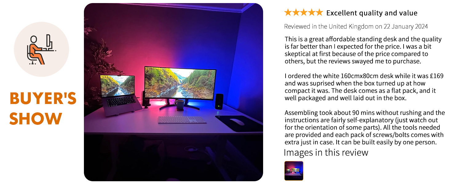 Gaming setup with purple and blue lighting. Curved monitor, gaming chair, and desk with peripherals visible. Customer review snippet indicating positive feedback.