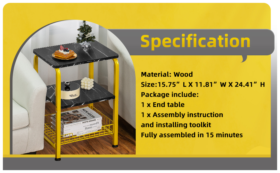 YAHARBO Black and Gold Side Table Set of 2,3Tier Small End