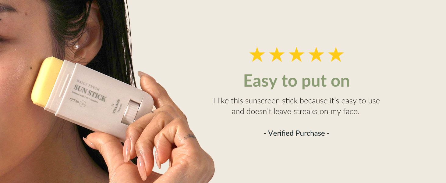 Person applying sunscreen from a tube to their face using a yellow-tipped applicator. Five-star rating and text praising ease of application shown.