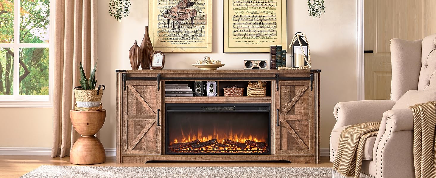 70" Light Brown Fireplace TV Stand