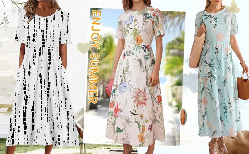 Women's Casual Summer Short Sleeve T Shirts Dress Spring V Neck Flowy Tiered Boho Beach Dresses