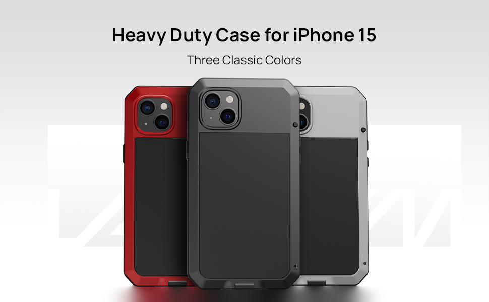 Heavy Duty Case for iPhone 15 shown in three colors: red, black, and gray. Cases feature rugged design with camera cutouts.