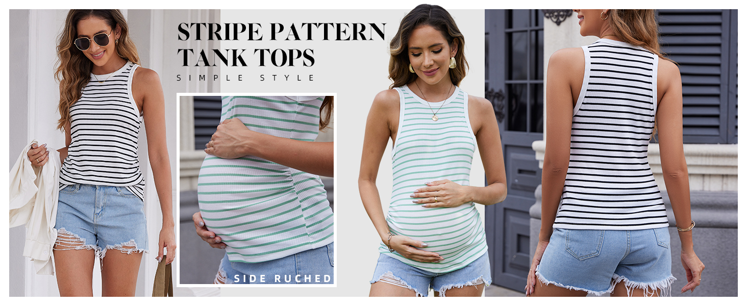 Striped Maternity Tank Tops Crew Neck Sleeveless Maternity Shirts Summer Basic Slim Fitted Tops