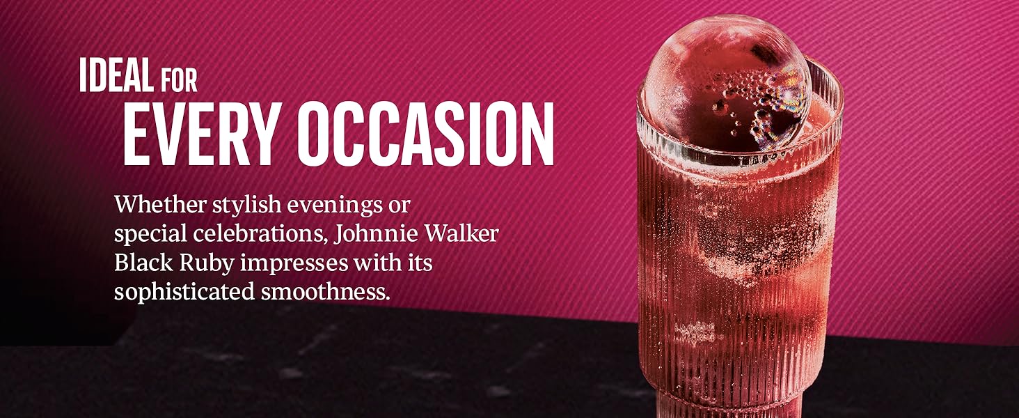 Text reads: 'IDEAL FOR EVERY OCCASION'. Image shows sparkling burgundy-colored beverage in a glass with ice.