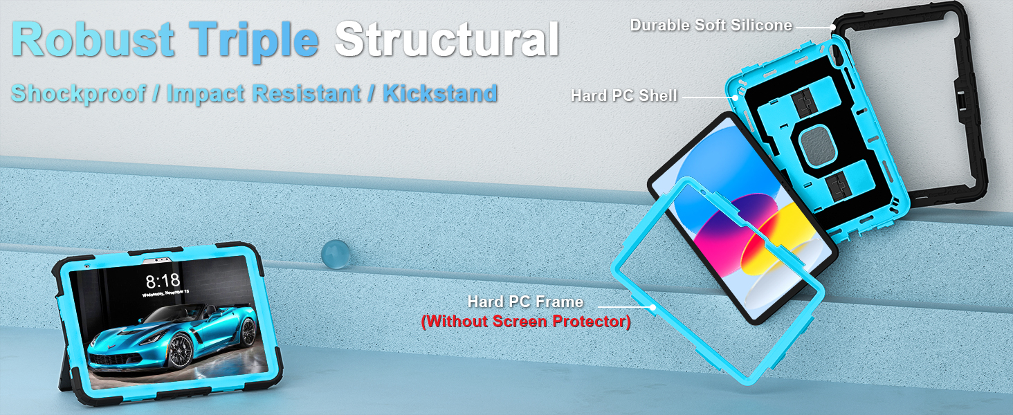 iPad case 10th generation built-in reinforced kickstand offers two angles for viewing and typing