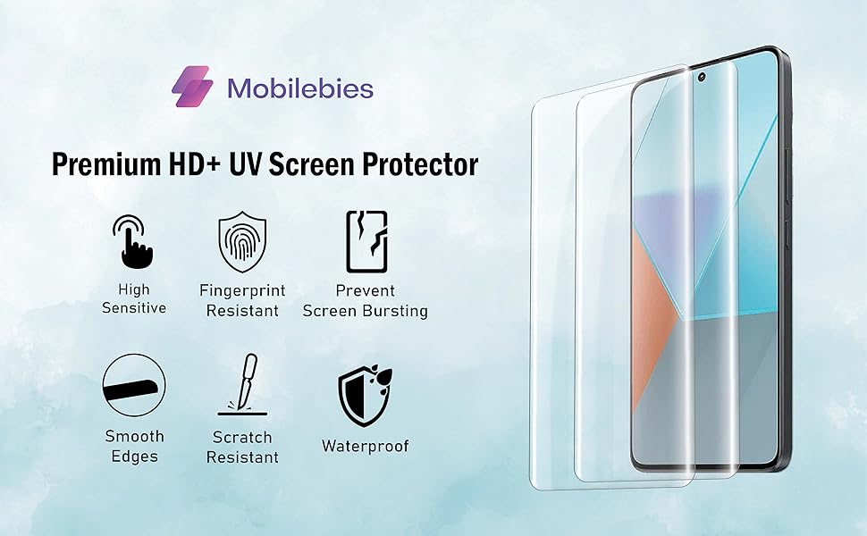 HD+ UV screen protector with high sensitivity, waterproof build, anti-fingerprint, and scratch