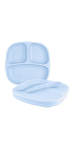 ice blue divided plate with matching spoon and fork utensil set with silicone lid