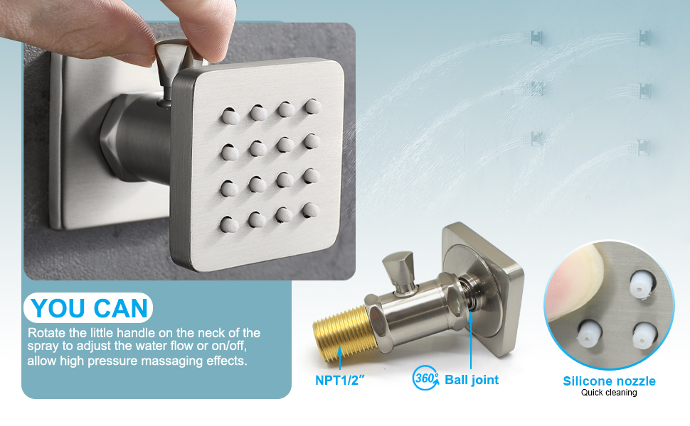 Enga Shower System Body Jets with OnOff Switch, 16 Inch Rain Shower