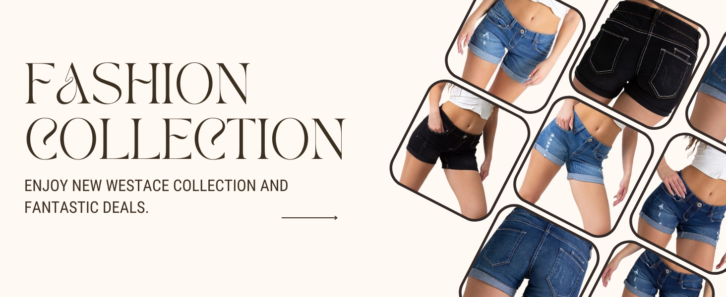 Fashion collection advertisement featuring multiple images of denim shorts. Various styles shown including blue and black colors, with different pocket and hem designs.
