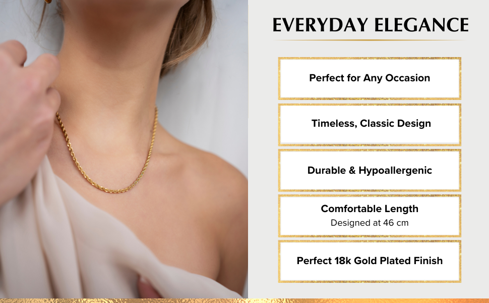 EMILIAZ Asha Necklace 18K Gold Plated Rope Chain for Women, 3mm 46cm Stainless Steel, Elegant Trendy Jewellery for Layering, Stackable, Lead & Nickel-Free, Women's Everyday Jewellery, with Gift Box 16 Gold Plated Asha necklace – minimalist, sustainable jewellery by EMILIAZ.