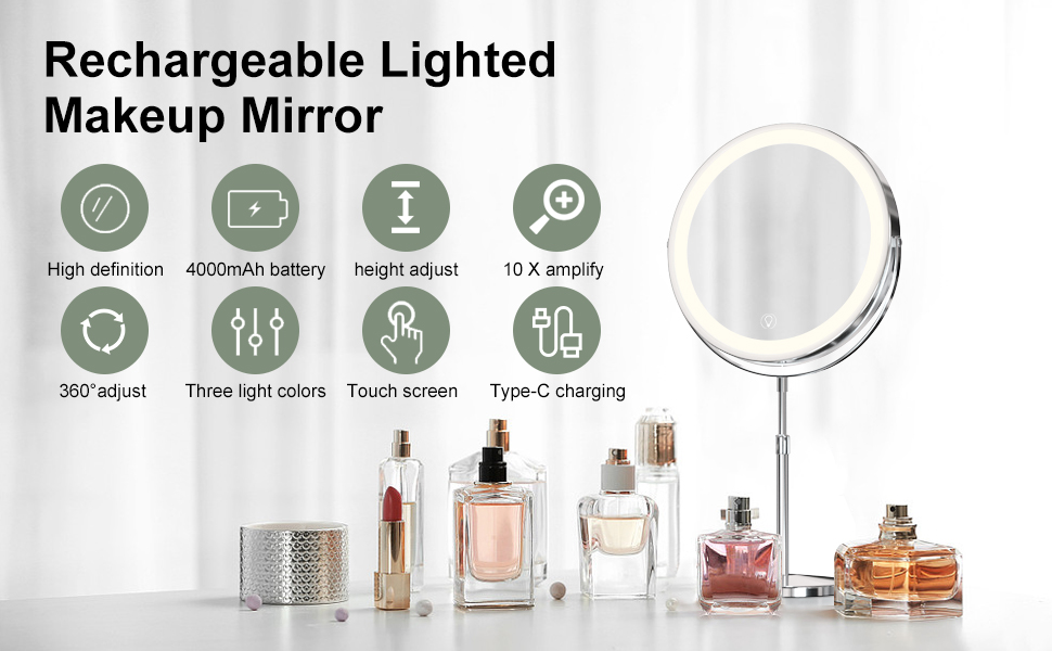 GLOAMFIORD 9Inch Large Lighted Makeup Mirror, 4000mAh, 1x
