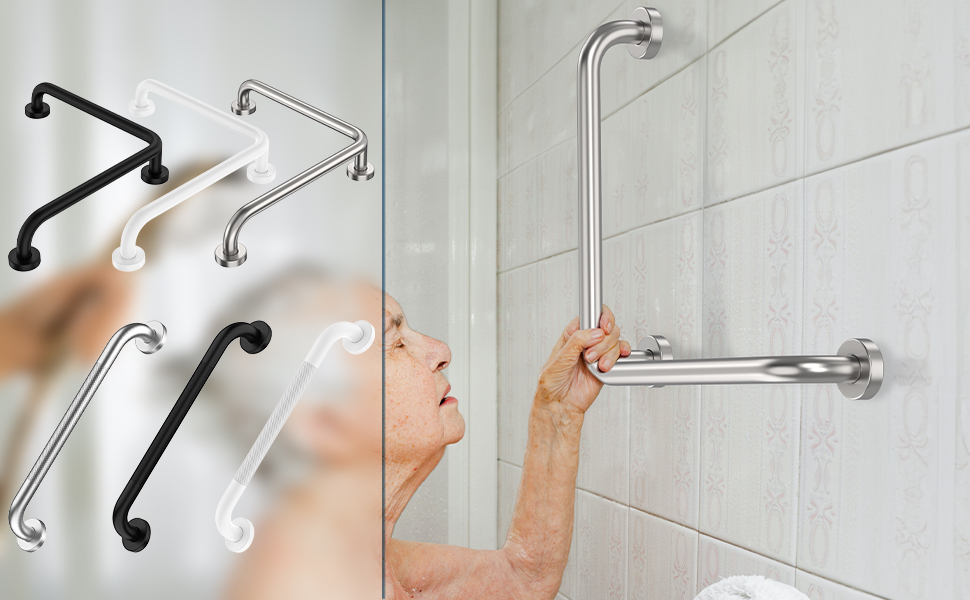 White Angled Grab Bar 16 Inch, Zepolu Stainless Steel LShaped 90 Degree Shower Grab