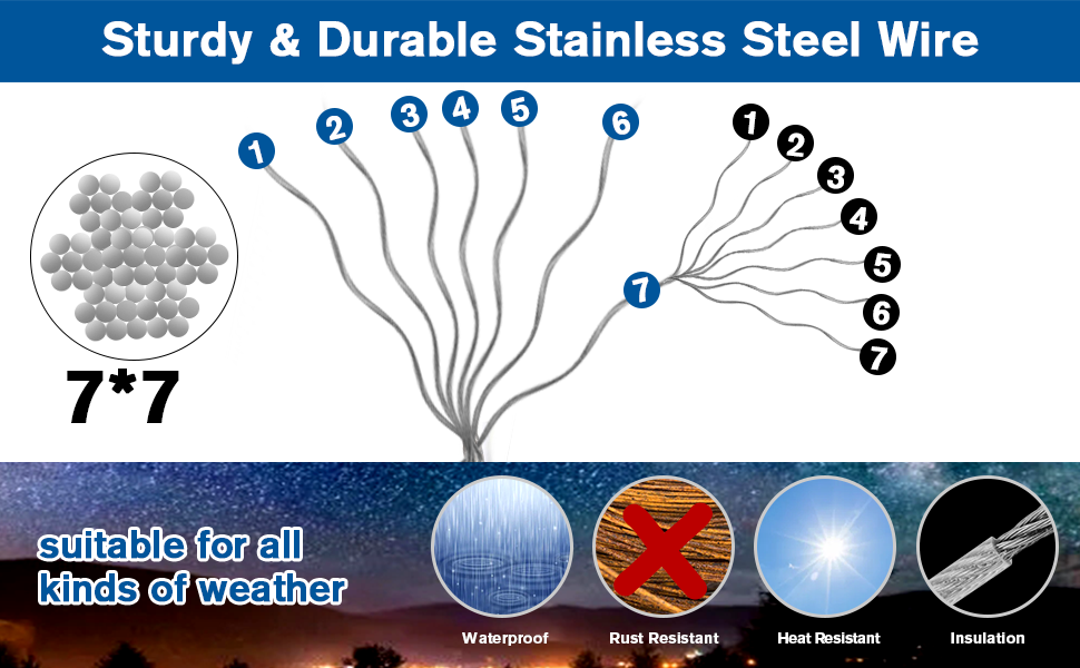 220FT 1/8" Wire Rope Kit 304 Stainless Steel Cable with Turnbuckles