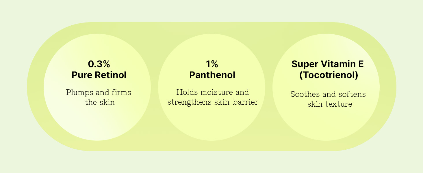 pure retinol panthenol vitamin e tocotrienol plump firm skin moisture skin barrier soothe soften