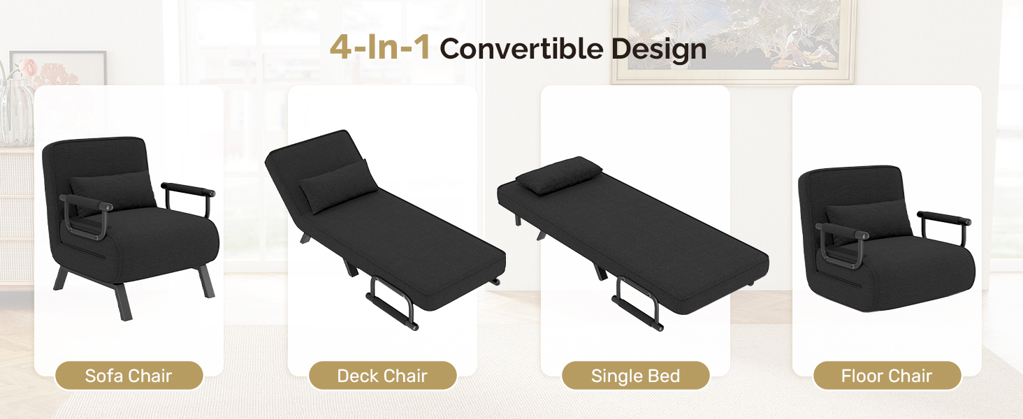 Der Text lautet „4-in-1-Cabrio-Design“. Produktdemonstration, bei der ein schwarzer Sessel in verschiedene Positionen gebracht werden kann — als Sessel, Chaiselongue und Flachbett.