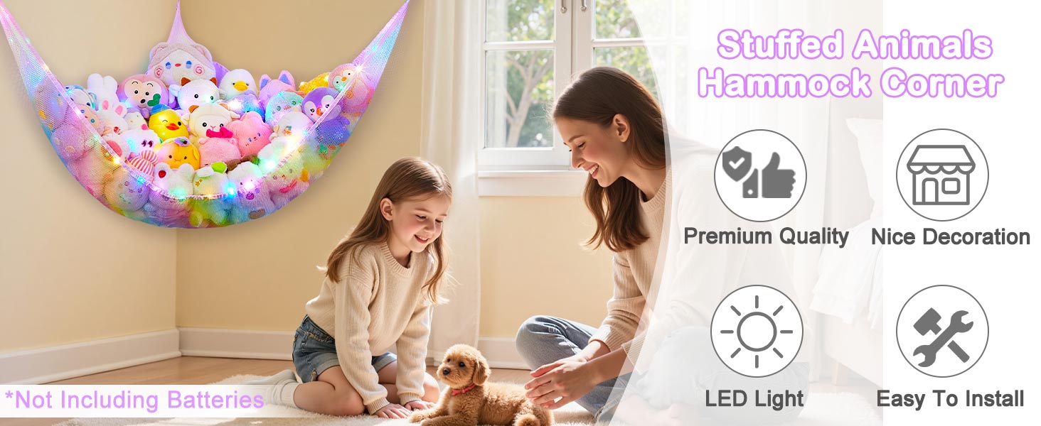 Unicorn Castle Stuffed Animals Net or Hammock Kids Toy Storage Organizer with LED Light Hanging Corner Stuffed Animals Holder Kids Girls Room Decor,Black,XLarge (Pack of 1) 8 stuffed animals hammock large capacity