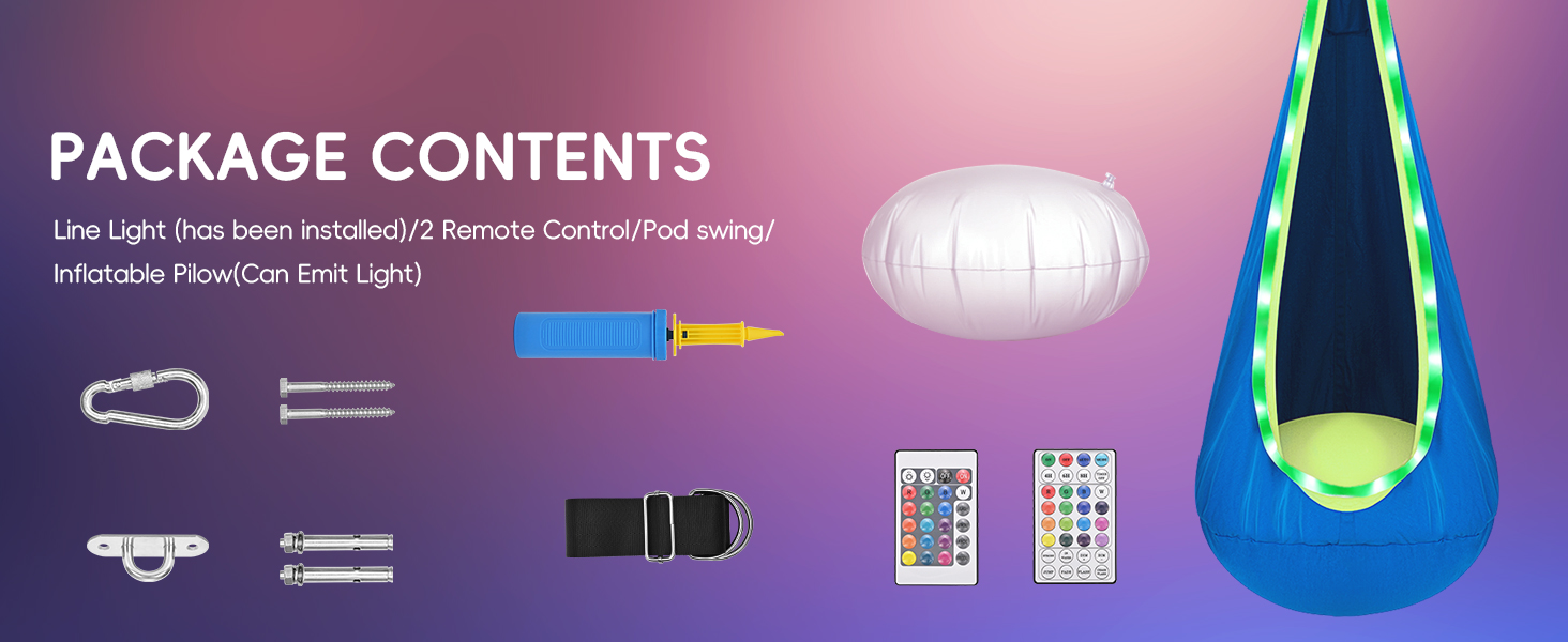 OUTREE Light Up Pod Swing Seat, Sensory Swing with LED Light, Cotton Kids Chair for Indoor and Outdoor, Hammock Chair Easy to Install, Blue 15 pod swing, sensory swing, hammock swing, kids hammock chair, kids swing, toddler swing