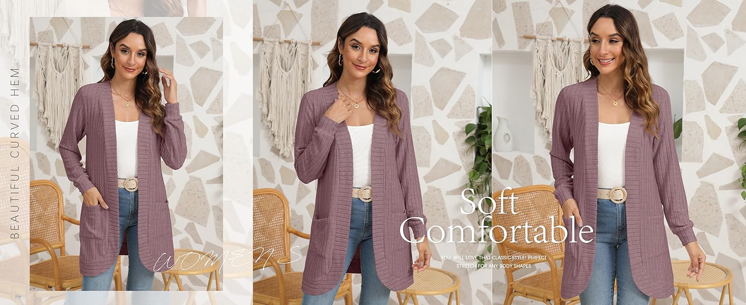 YSYOKOW Women Long Sleeve Open Front Cardigan Casual Lightweight Long Cardigans with Pockets