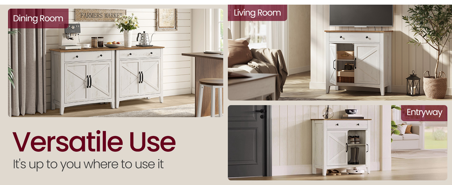 Sokoldalú fehér fa szekrény különböző helyiségekben: étkező, nappali és előszoba. Két ajtóval, állítható polcokkal és antikolt felülettel rendelkezik a többcélú tároláshoz.