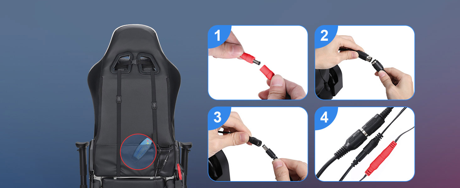 Gaming chair assembly instructions showing four numbered steps for armrest installation with red arrows indicating movement direction.