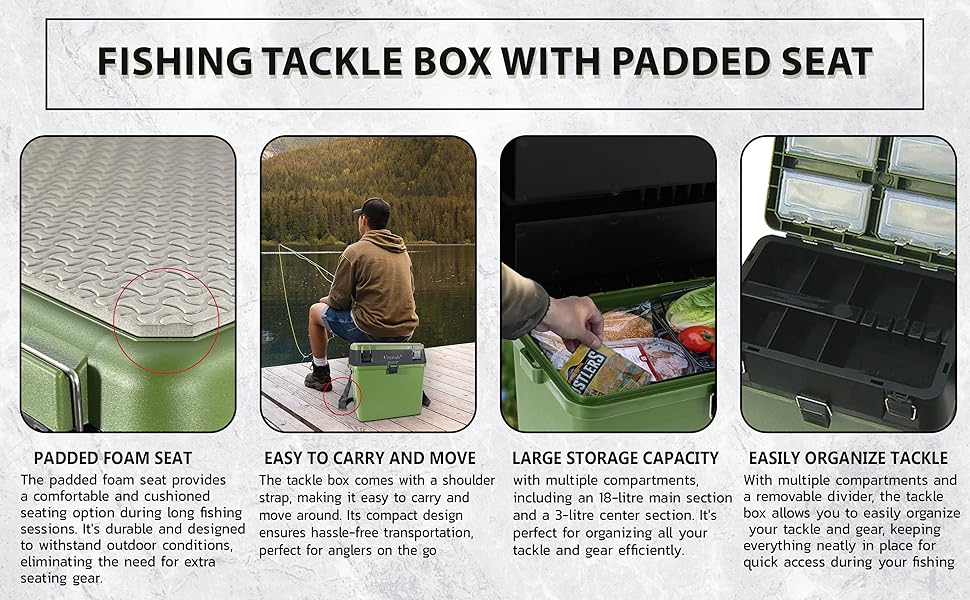 Crystals Fishing Tacke Box Seat - Sea Fishing Padded Seat with Bait Lure Box Set - Carp Fishing Kit Accessories Box - Fishing Gear Storage Organiser, Green/Black 11 Fishing tackle box with padded seat