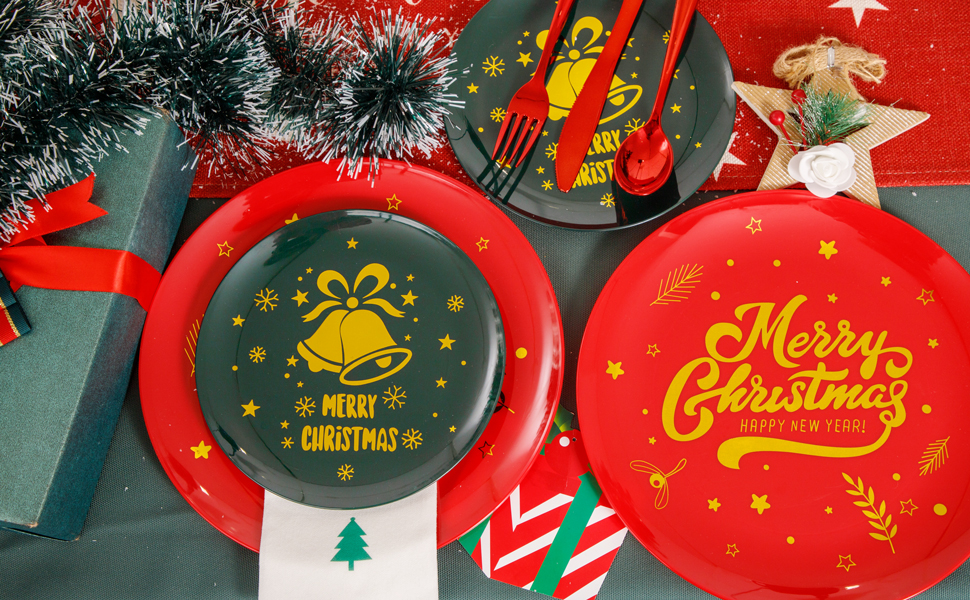 WDF 175pcs Christmas Plates Plastic Disposable 25Green