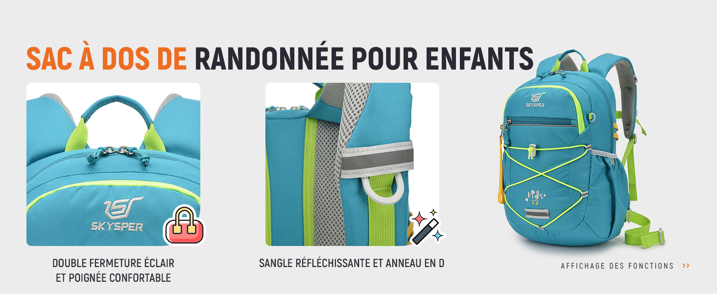 en bleu vif et vert. Les caractéristiques comprennent des bandes réfléchissantes, de multiples compartiments et des bretelles rembourrées pour plus de confort et de sécurité.