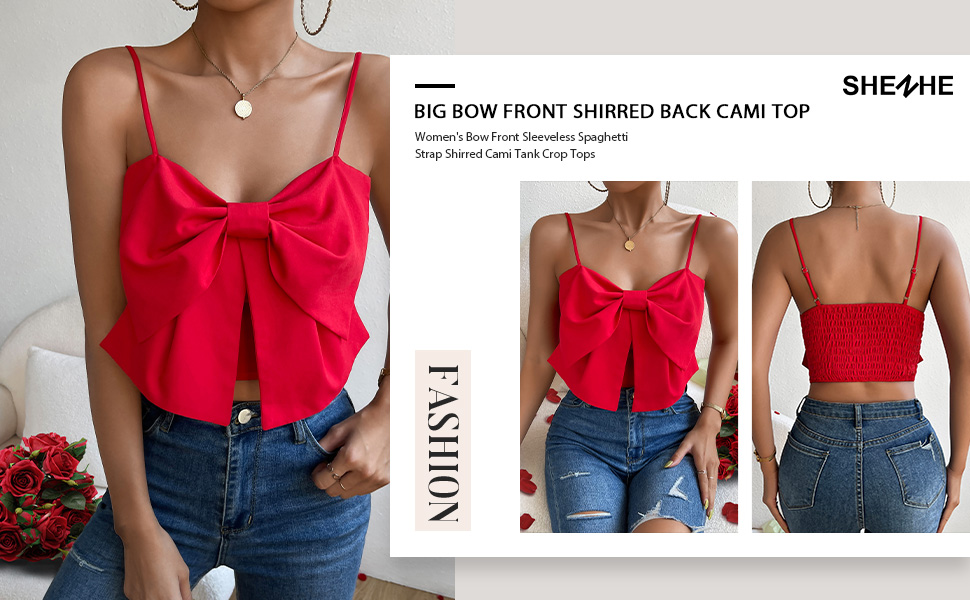 トップス Winged Strap Bow Tank Top SHENHE Women's Bow Front Sleeveless Spaghetti Strap Shirred