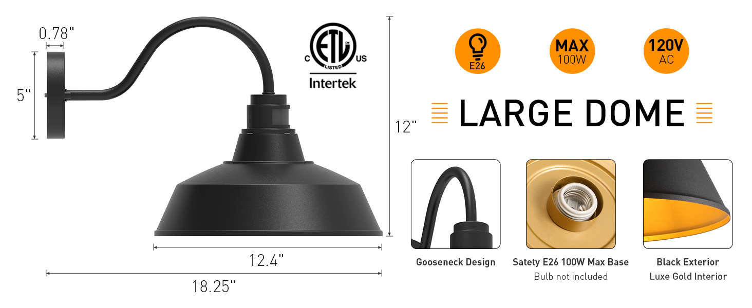 Common Size Details for 12.4-Inch Outdoor Barn Lights Motion Sensor