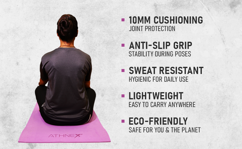 purple yoga mat 10mm cushioning anti slip grip sweat resistant lightweight eco friendly