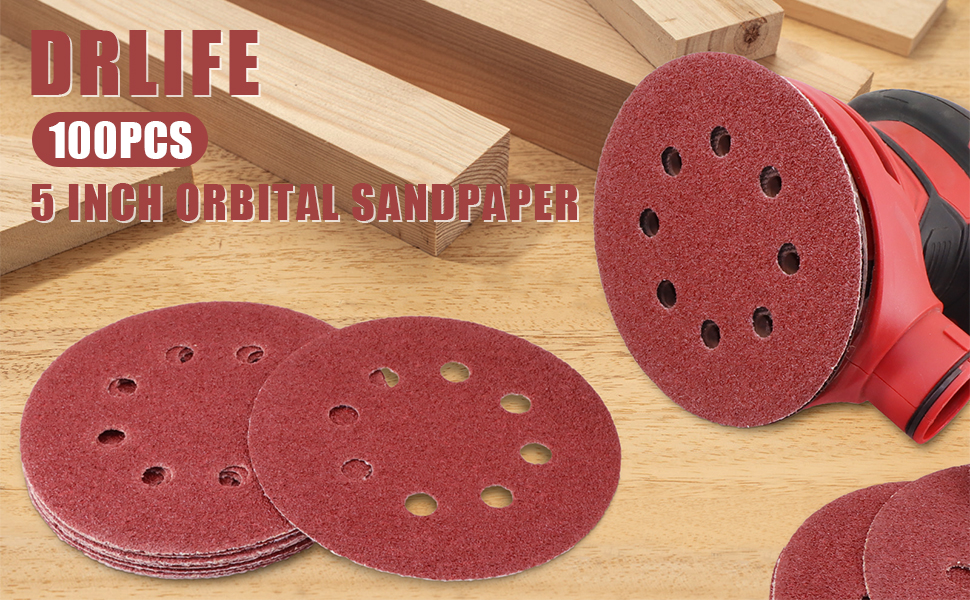 100 Pieces 5 Inch Sanding Disc 60 Grit, DRLIFE 8 Hole Sandpaper Hook and Loop Sanding Pads Round
