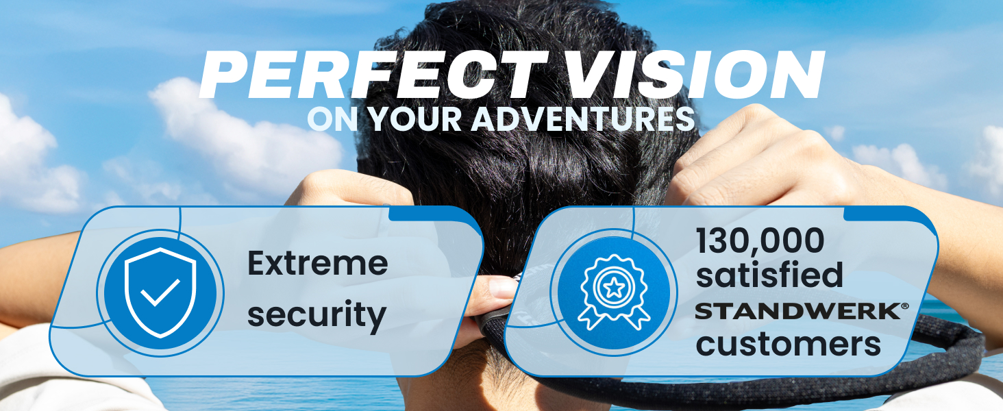Binoculars held up to eyes against blue sky. Text overlay: 'PERFECT VISION ON YOUR ADVENTURES'. Icons highlight 'Extreme security' and '130,000 satisfied STANDWERK customers'.