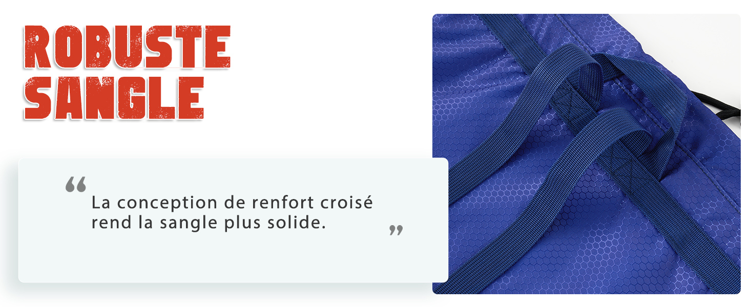 avec le texte « ROBUSTE SANG » en rouge. Une vue partielle du produit montre un tissu bleu plié ou froncé.