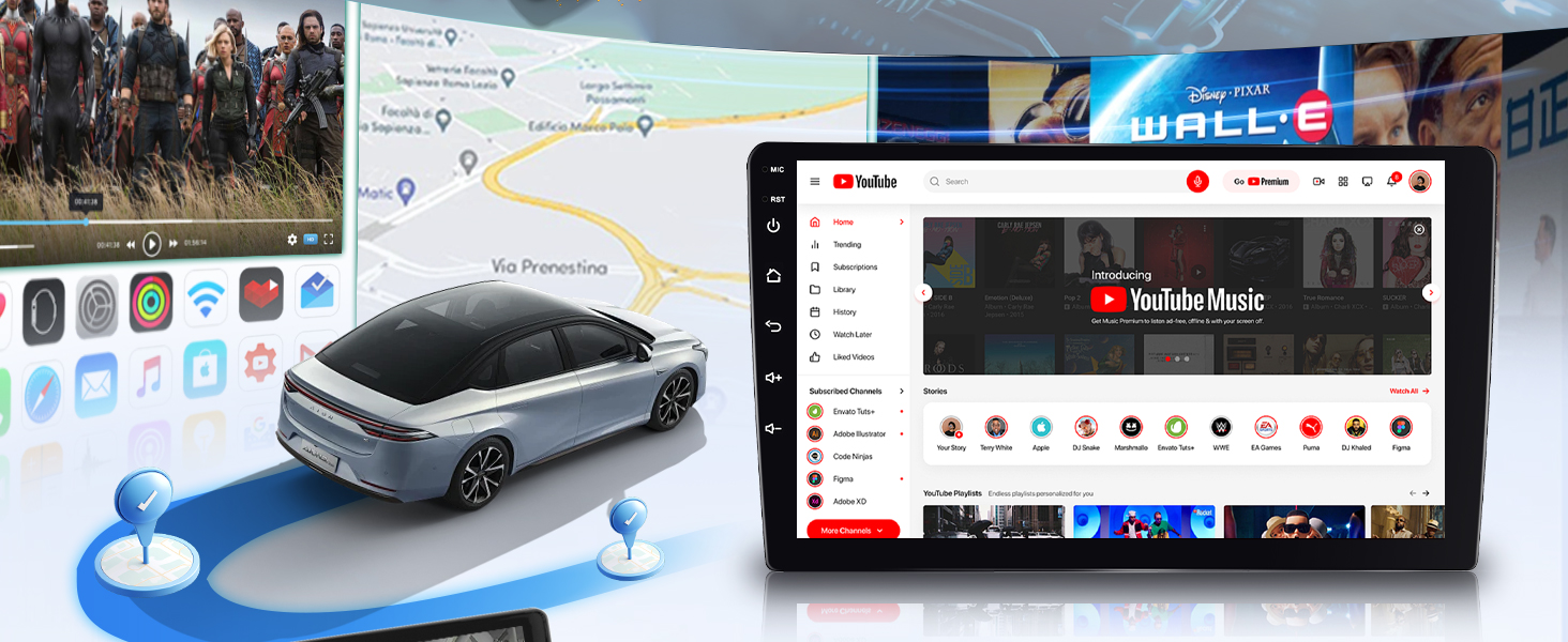 Modelo de interfaz de computadora que muestra múltiples ventanas y un gráfico del vehículo en colores azul y blanco.