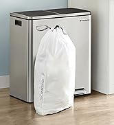 Stainless steel rectangular trash compactor with white disposal bag shown. Features pedal-operated lid and sleek metallic finish.