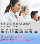 Customer service representatives wearing headsets in an office setting. Text below offers 24-hour support for product questions and issues.