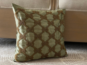 Decorative beaded geometric green and gold silk throw cushion, pillow cover