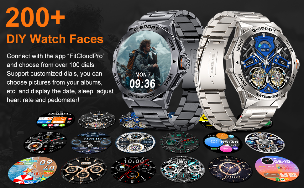 Smart watch advertisement showing two metallic watches and multiple customizable watch faces below. Text indicates 200+ DIY watch face options.