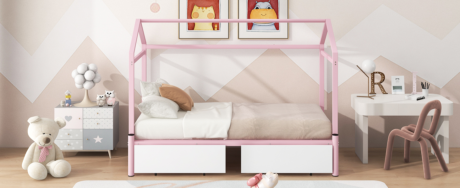 Twin XL to King Metal Twin Size House Platform Bed with 2