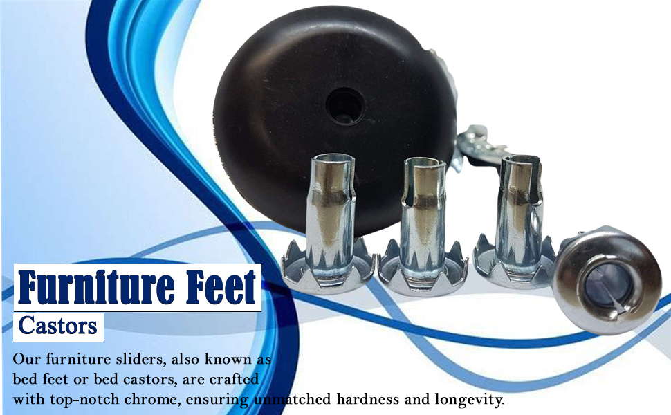 4 x Chrome Feet Leg Castors Gliders with Metal Inserts for Beds, Sofas