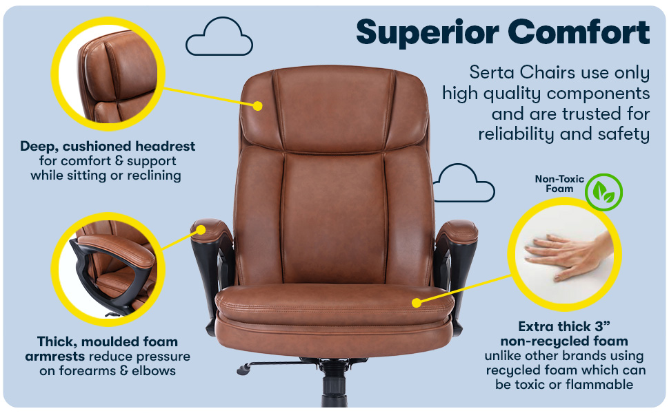 Serta, Office Chair, Big and Tall, Comfort, Support, Headrest, Foam, Safety, Padded