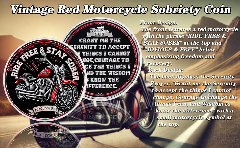 Vintage Red Motorcycle Sobriety Coin Celebrating Recovery with AA Chips and Medallions