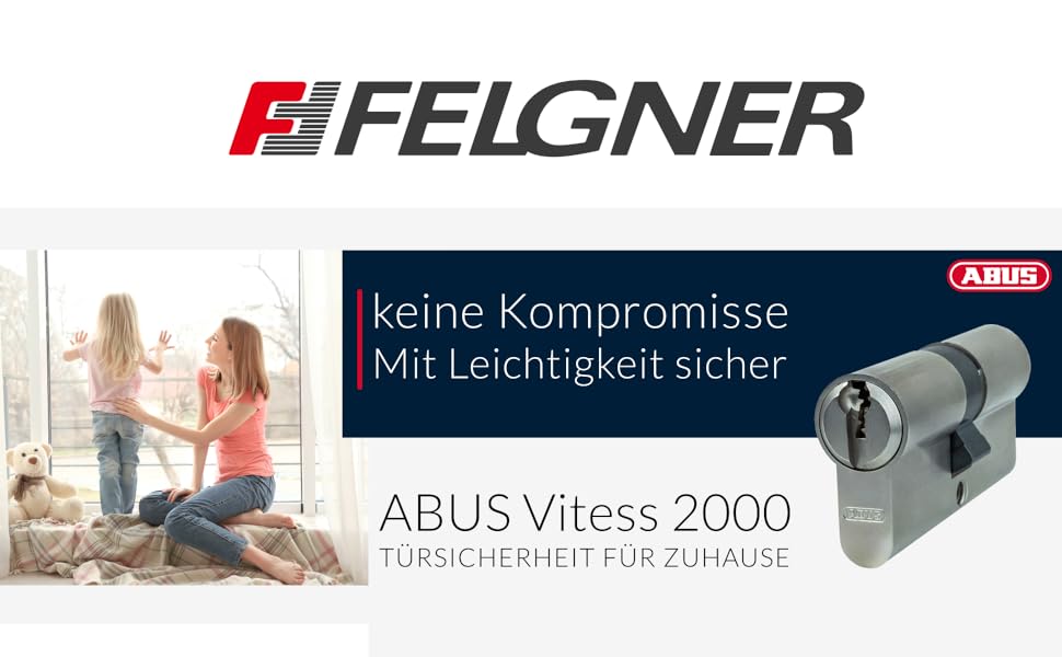 Produktwerbung für das ABUS Vitess 2000 Sicherheitszylinderschloss mit Felgner-Branding, auf dem Schließzylinder und Marketingtext zu sehen sind.