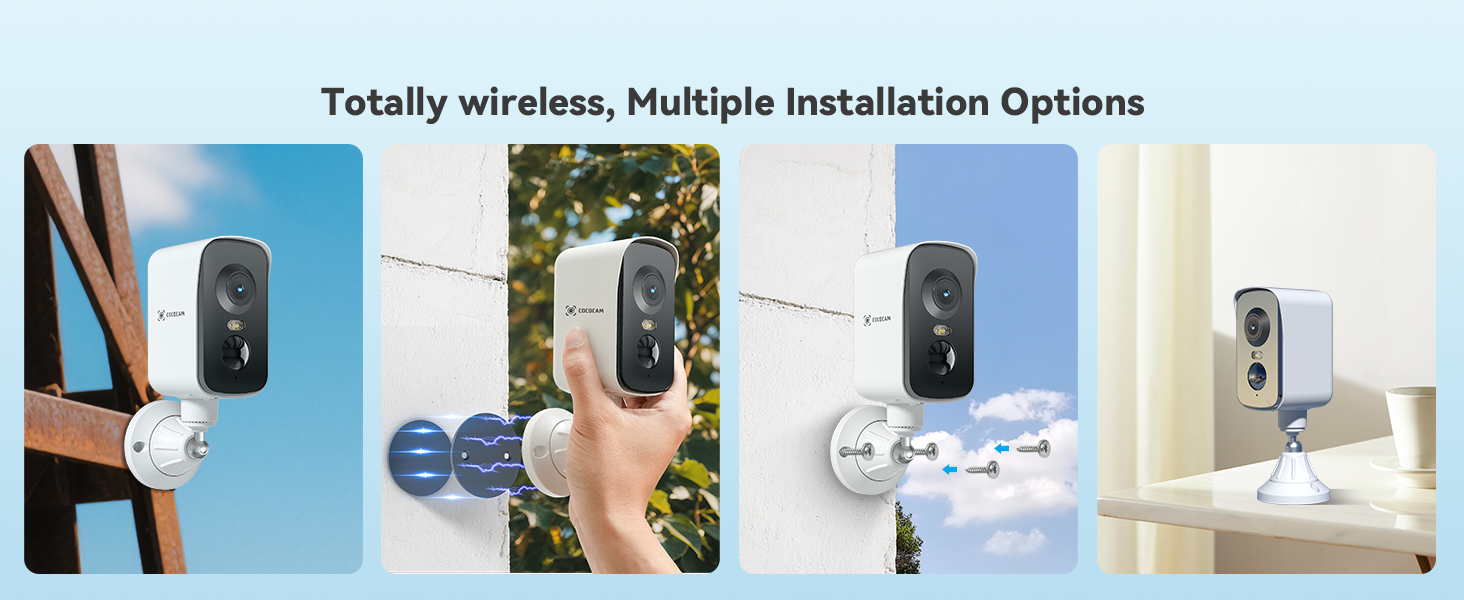 Four panels showing wireless security cameras in different installation scenarios: mounted on wood, held in hand, attached to guttering, and placed on a surface indoors.