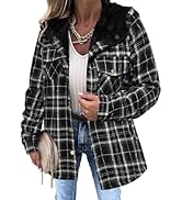 Weinexra Womens Plaid Shacket Jacket Long Sleeve Button Down Fleece Hooded Jacket Warm Coat Casua...
