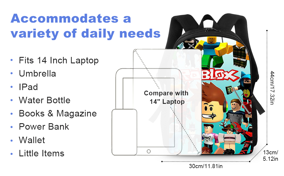 Le texte indique « Répond à une variété de besoins quotidiens », suivi d'une liste : « Convient à un ordinateur portable 14 pouces, à un parapluie, à un iPad, à une bouteille d'eau, à des livres et à des magazines, à une batterie externe, à un portefeuille et à de petits objets ». Montre le diagramme des dimensions du sac à dos.