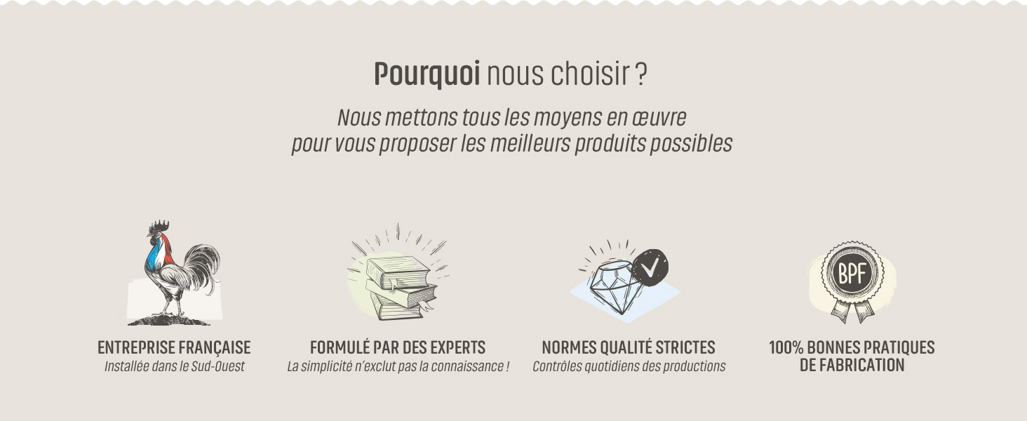 Quatre icônes circulaires avec du texte en français illustrant les avantages ou les caractéristiques du produit, chacune étant surmontée d'une simple illustration linéaire.