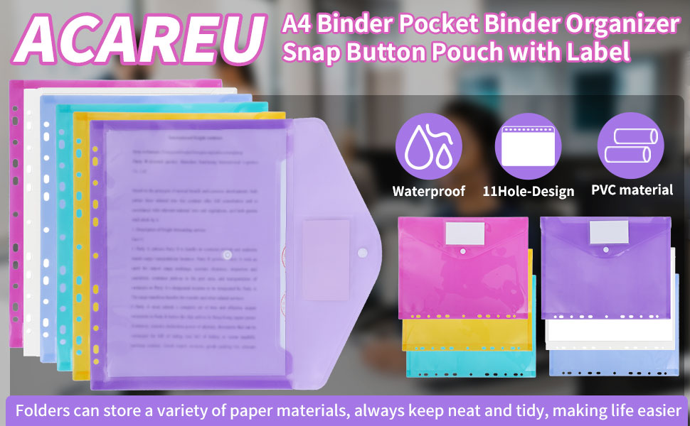 A4 Binder Pocket,ACAREU 12PCS Binder Organizer Snap Button Pouch with