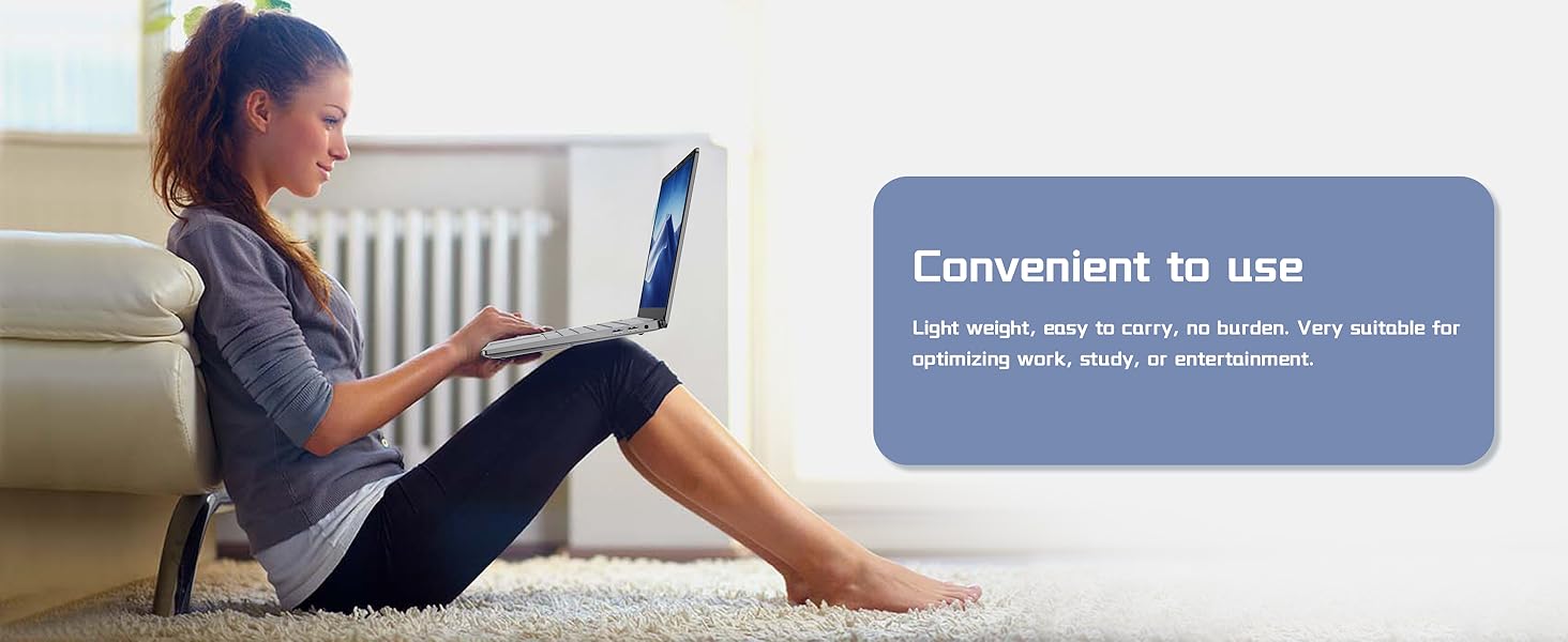 Text reads 'Convenient to use'. Multiple panels showing a person in relaxed positions using a laptop or device while lying down.